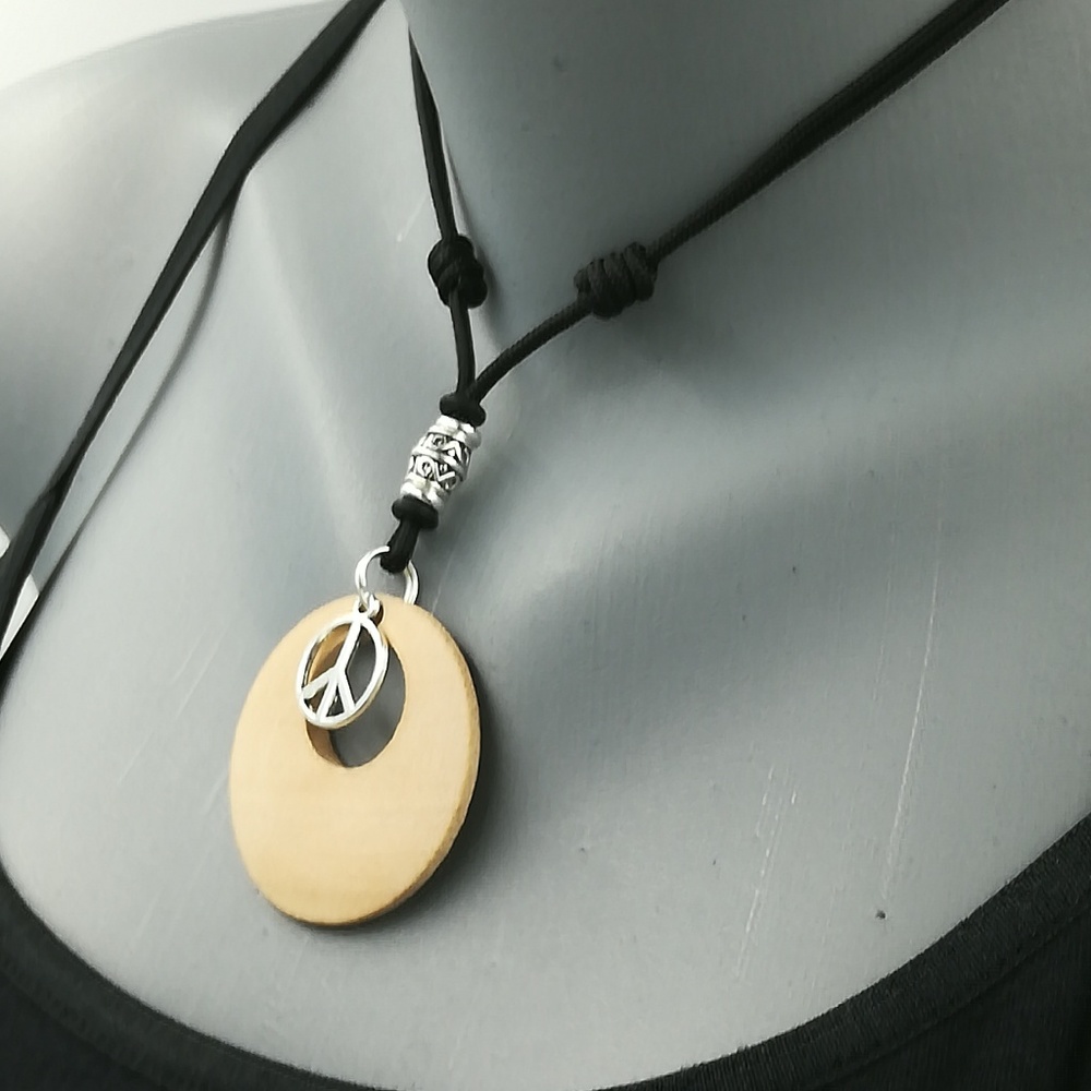 Handmade, Wooden and Silver Peace Sign Necklace - Picture 4 of 8